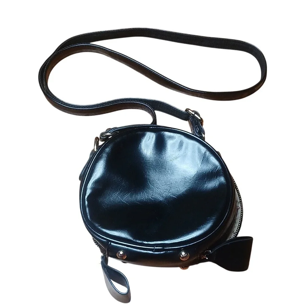 Bei Bao Bao Crossbody‎ Bag Women Small Black Gold Bow Round Faux Leather Purse